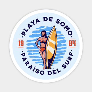 Vintage Playa de Somo, Spain Surfer's Paradise // Retro Surfing 1980s Badge B Magnet